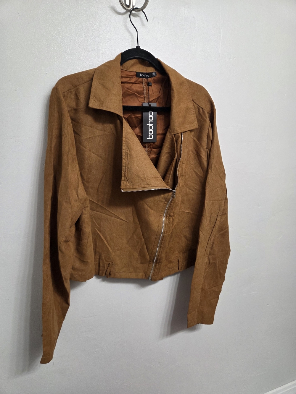 Boohoo Brown Suede-Effect Moto Jacket